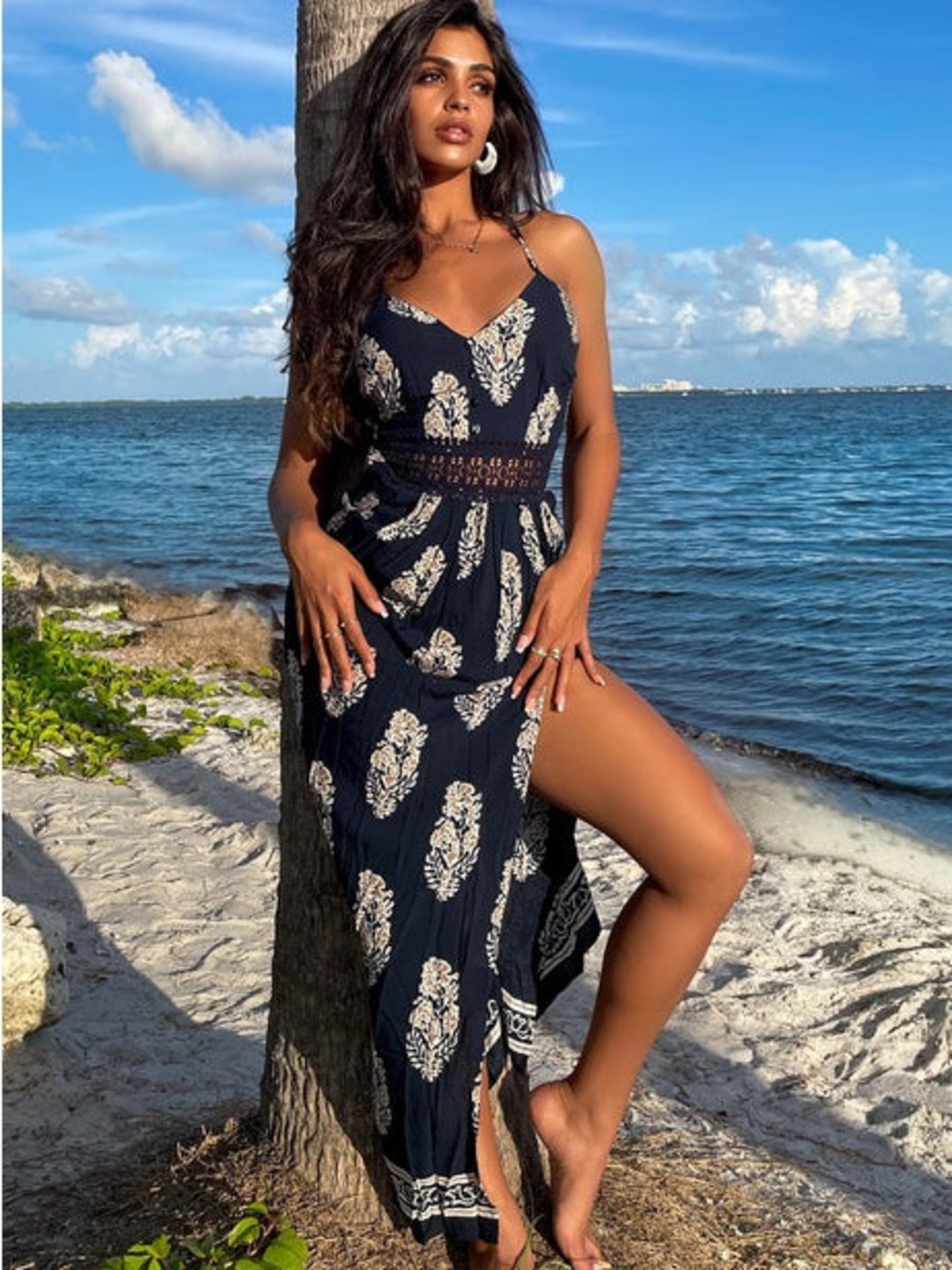 Fashion Nova Black Maxi Dress with Cream Leaf Print - Strappy Summer Maxi